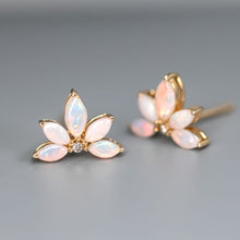 Load image into Gallery viewer, Lotus Water Lily Design Opal Diamond Earrings 14K Yellow Gold