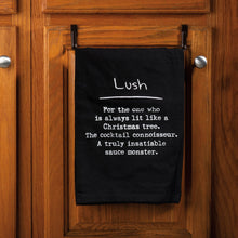 Load image into Gallery viewer, Lush - The One Who&#39;s Lit Like a Christmas Tree Funny Black Cotton Dish Cloth Towel | 28&quot; x 28&quot;