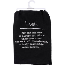 Load image into Gallery viewer, Lush - The One Who&#39;s Lit Like a Christmas Tree Funny Black Cotton Dish Cloth Towel | 28&quot; x 28&quot;