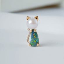 Load image into Gallery viewer, Adorable Paws Kitty Cat Black Opal Diamond &amp; Akoya Pearl Necklace 18K Gold