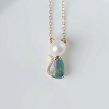 Load image into Gallery viewer, Adorable Paws Kitty Cat Black Opal Diamond &amp; Akoya Pearl Necklace 18K Gold