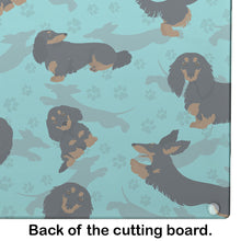 Load image into Gallery viewer, Longhaired Black Tan Dachshund Glass Cutting Boards – Durable, Decorative Kitchen Art Large