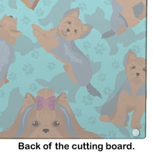 Load image into Gallery viewer, Blue and Tan Yorkie Glass Cutting Boards – Durable, Decorative Kitchen Art Large
