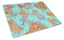 Load image into Gallery viewer, Blue and Tan Yorkie Glass Cutting Boards – Durable, Decorative Kitchen Art Large
