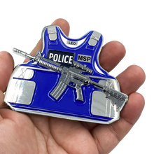 Load image into Gallery viewer, CL6-12 MSP M4 Body Armor 3D self standing Challenge Coin Massachusetts State Police Trooper Thin Blue Line