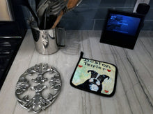 Load image into Gallery viewer, Boston Terrier Where's my Bibb Pot Holders - Set of 2 Decorative Kitchen Helpers | Made in the USA MW1316PTHD