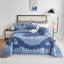 Load image into Gallery viewer, Tache Satin Floral Lace Ruffle Sweet Victorian Luxurious Blue Comforter Set (MZ002B)