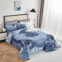Load image into Gallery viewer, Tache Satin Floral Lace Ruffle Sweet Victorian Luxurious Blue Comforter Set (MZ002B)