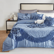 Load image into Gallery viewer, Tache Satin Floral Lace Ruffle Sweet Victorian Luxurious Blue Comforter Set (MZ002B)
