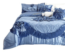 Load image into Gallery viewer, Tache Satin Floral Lace Ruffle Sweet Victorian Luxurious Blue Comforter Set (MZ002B)