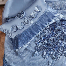 Load image into Gallery viewer, Tache Satin Floral Lace Ruffle Sweet Victorian Luxurious Blue Comforter Set (MZ002B)