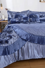 Load image into Gallery viewer, Tache Satin Floral Lace Ruffle Sweet Victorian Luxurious Blue Comforter Set (MZ002B)