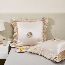 Load image into Gallery viewer, Tache Satin Floral Lace Ruffle Crème Beige Sweet Victorian Luxurious Euro Sham