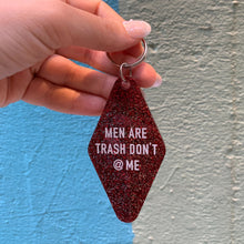 Load image into Gallery viewer, Men Are Trash Don't @ Me Motel Keychain in Glitter Maroon