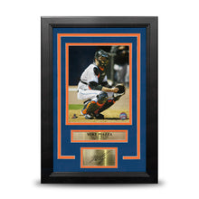 Load image into Gallery viewer, Mike Piazza Catching Action 8"x 10" Framed Baseball Photo with Engraved Autograph