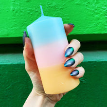 Load image into Gallery viewer, Mini Pillar Candle in Blue Pink Orange | Tri-Colored Ombre Aesthetic Table Candle 4.75"