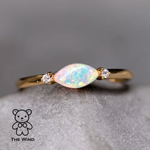 Load image into Gallery viewer, Minimalist Marquise Australian Solid Opal Diamond Engagement Ring 18K Yellow Gold.