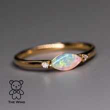 Load image into Gallery viewer, Minimalist Marquise Australian Solid Opal Diamond Engagement Ring 18K Yellow Gold.