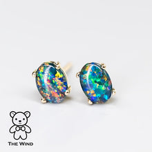 Load image into Gallery viewer, Minimalist Oval Australian Triplet Opal Stud Earrings 14k Yellow Gold