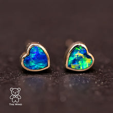 Load image into Gallery viewer, Minimalist Heart Shaped Australian Doublet Opal Stud Earrings 14k Yellow Gold