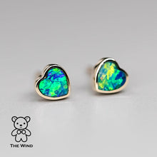 Load image into Gallery viewer, Minimalist Heart Shaped Australian Doublet Opal Stud Earrings 14k Yellow Gold