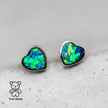 Load image into Gallery viewer, Minimalist Heart Shaped Australian Doublet Opal Stud Earrings 14k Yellow Gold