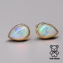 Load image into Gallery viewer, Minimalist Pear Shaped Australian Solid Opal Stud Earrings 14K Yellow Gold