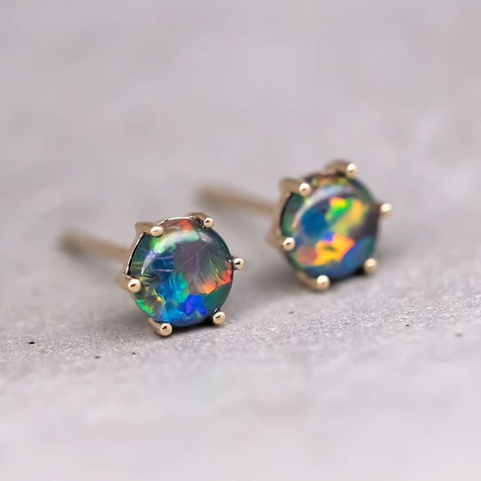 Round Shaped Minimalist Six Prong Triplet Opal Stud Earrings 18K Yellow Gold