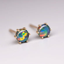 Load image into Gallery viewer, Round Shaped Minimalist Six Prong Triplet Opal Stud Earrings 18K Yellow Gold
