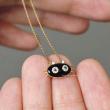 Load image into Gallery viewer, Mystic Black Cat Necklace in 18K Gold with Tsavorite Diamond Eyes