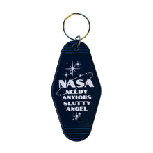 Load image into Gallery viewer, Needy Anxious Slutty Angel Space Explorer Motel Style Keychain in Dark Blue