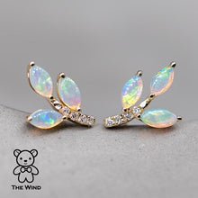 Load image into Gallery viewer, Olive Branch Leaf Design Australian Solid Opal Diamond Stud Earrings 14K Yellow Gold