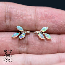 Load image into Gallery viewer, Olive Branch Leaf Design Australian Solid Opal Diamond Stud Earrings 14K Yellow Gold