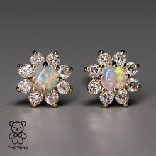Load image into Gallery viewer, Classic Halo Australian Opal &amp; Diamonds Stud Earrings 14K Yellow Gold
