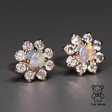 Load image into Gallery viewer, Classic Halo Australian Opal &amp; Diamonds Stud Earrings 14K Yellow Gold