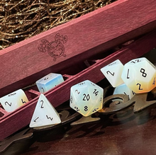 Load image into Gallery viewer, Opalite - Black Font 7 Piece RPG Set Gemstone Dice
