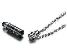 Load image into Gallery viewer, Black Bullet Cremation Urn Necklace Engraved With A Cross &amp; The Lord's Prayer