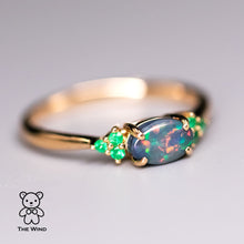 Load image into Gallery viewer, Australian Black Opal &amp; Tsavorite Garnet Engagement Wedding Ring 18K Yellow Gold