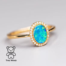 Load image into Gallery viewer, Oval Shaped Australian Doublet Opal Halo Diamond Ring 14k Yellow Gold