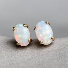 Load image into Gallery viewer, Oval Shaped Australian Solid Opal Stud Earrings 14K Yellow Gold