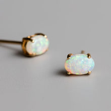 Load image into Gallery viewer, Oval Shaped Australian Solid Opal Stud Earrings 14K Yellow Gold
