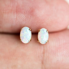 Load image into Gallery viewer, Oval Shaped Australian Solid Opal Stud Earrings 14K Yellow Gold