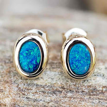 Load image into Gallery viewer, Simple Oval Australian Doublet Opal Stud Earrings 14k Yellow Gold