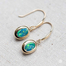 Load image into Gallery viewer, Oval Australian Doublet Opal Drop Earrings 14k Yellow Gold