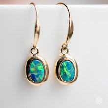 Load image into Gallery viewer, Oval Australian Doublet Opal Drop Earrings 14k Yellow Gold
