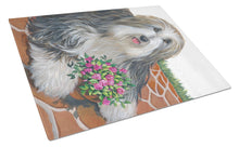 Load image into Gallery viewer, Bearded Collie Pot of Roses Glass Cutting Boards – Durable, Decorative Kitchen Art Large PPP3141LCB