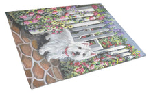 Load image into Gallery viewer, Westie At the Gate Glass Cutting Boards – Durable, Decorative Kitchen Art Large PPP3199LCB
