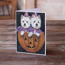 Load image into Gallery viewer, Westie Halloween Pumpkin Ride Greeting Cards -  Blank Note Cards – 8-Pack of Artist-Designed Cards with Envelopes