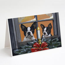 Load image into Gallery viewer, Boston Terrier Looking for Santa Christmas Greeting Cards -  Blank Note Cards – 8-Pack of Artist-Designed Cards with Envelopes