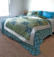 Load image into Gallery viewer, Tache Damask Ornate Baroque Teal Turquoise Blue Green Scalloped Quilt Set (SD-3300)
